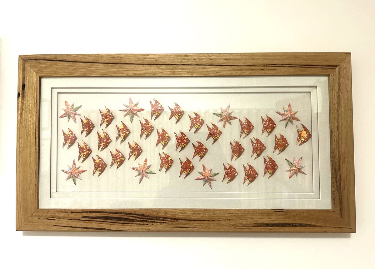 Origami fish frame in Victorian ash with jarrah splines at corners